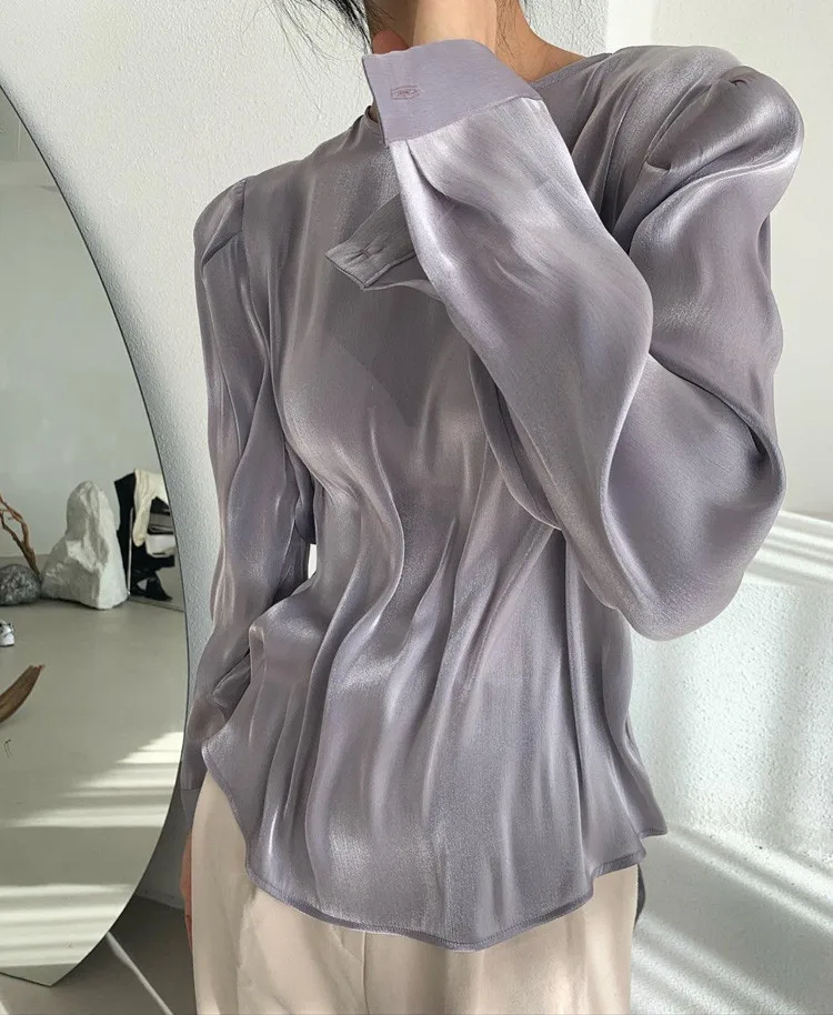 

Nomikuma Causal Shirt O-Neck Women Blouse Korean Thin Pleated Pullover Tops 2021 Spring New Long Sleeve Blusas Mujer De Moda