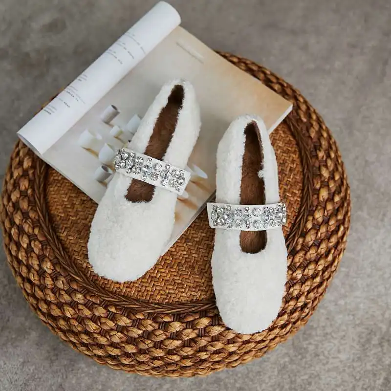 

Krazing pot sheep fur round toe rhinestone decoration gorgeous young lady streetwear Korean style fashion basic women flats L61