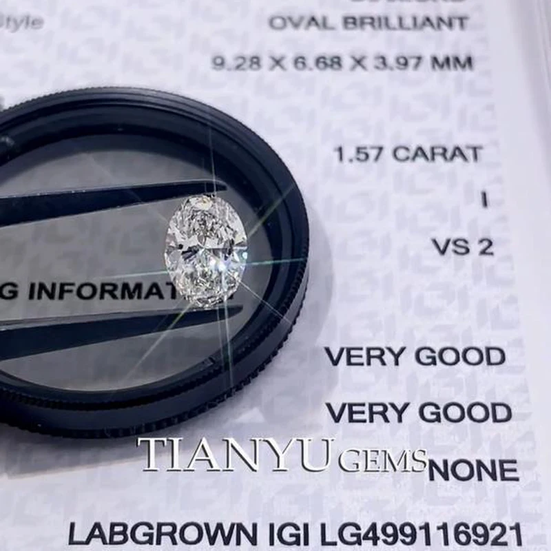 

Tianyu Gems Oval CVD 1.57ct I VS2 2VG Lab Grown Diamonds IGI 9.28X6.68X3.97mm Lab Created Synthetic Diamonds for Rings Jewelry