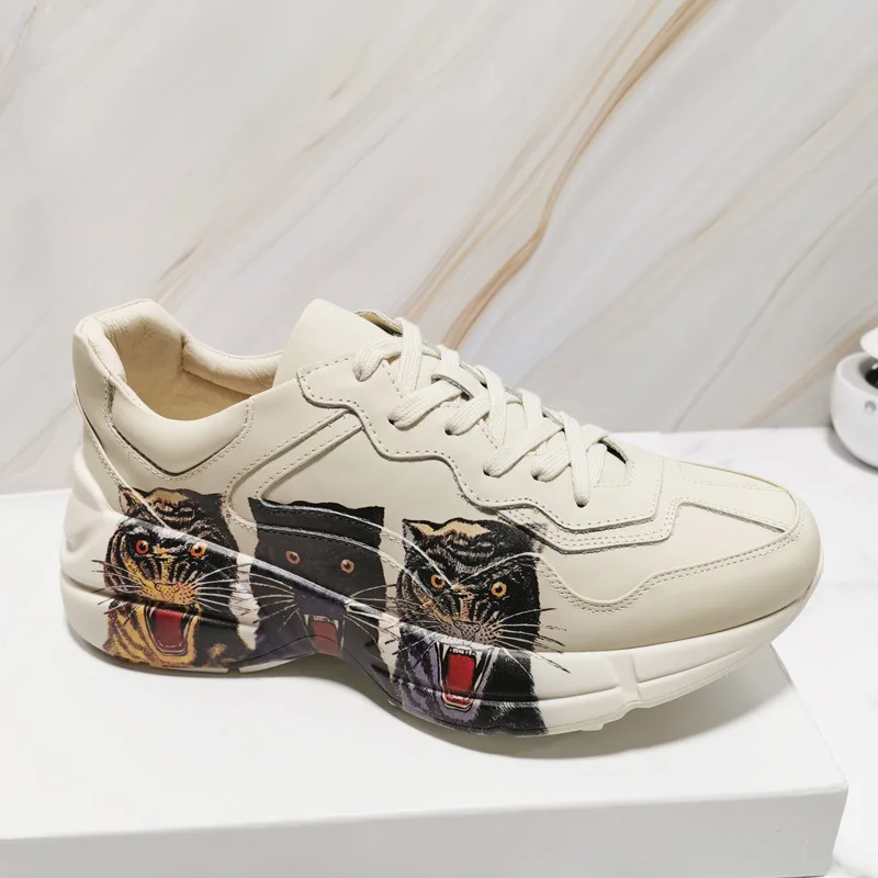 

Luxury Designer Platform Casual Women's Running Shoes Spring Autumn Trainers Men's Sneakers Genuine Leather Print Couples Shoes