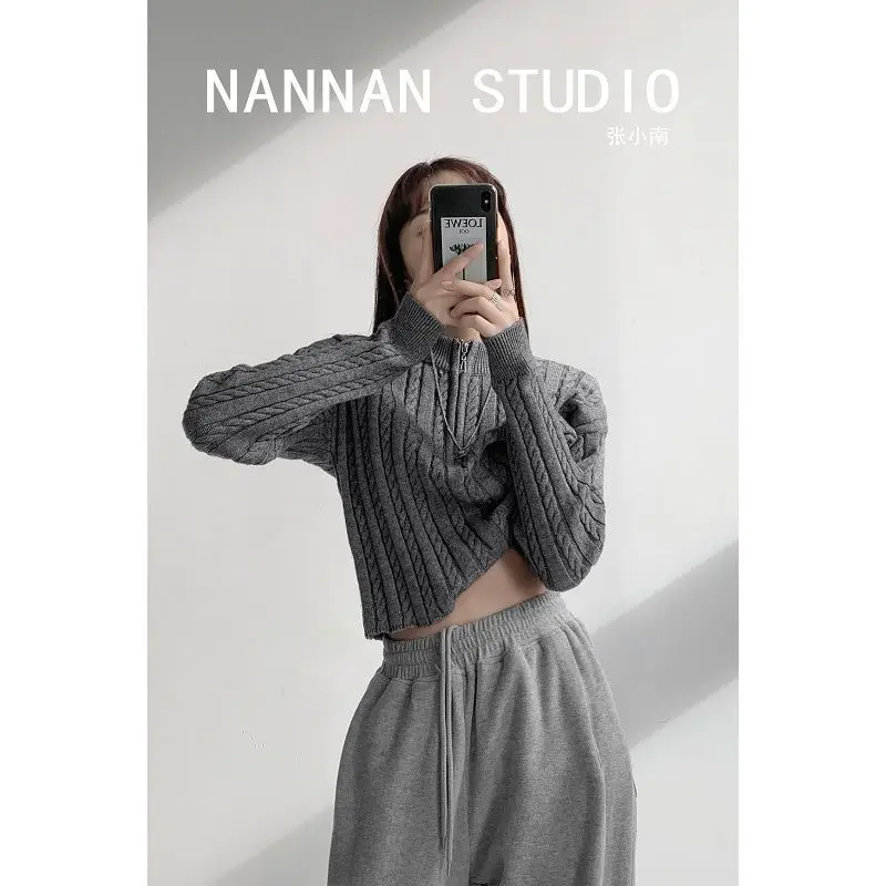 

French Short High Collar Half Zipper Sweater Women Autumn and Winter Twist Knitting Retro Coat Long Sleeve Solid Color Top