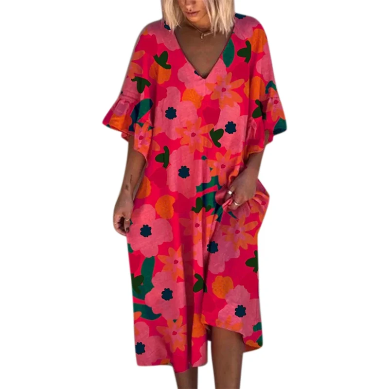 

Vicabo Summer Dress Large Size Print V Neck Midi Half Sleeve Dresses Female Casual Vintage Loose 3XL Dress