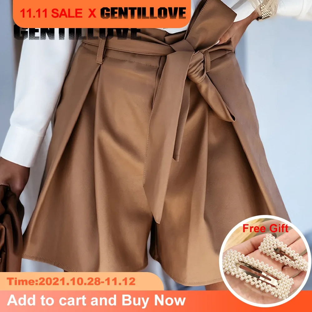 

Vintage High Waist Quality Pu Leather Shorts Waist Solid Office Daily Wide Leg Short 2021 New Fashion Female Travel Shorts