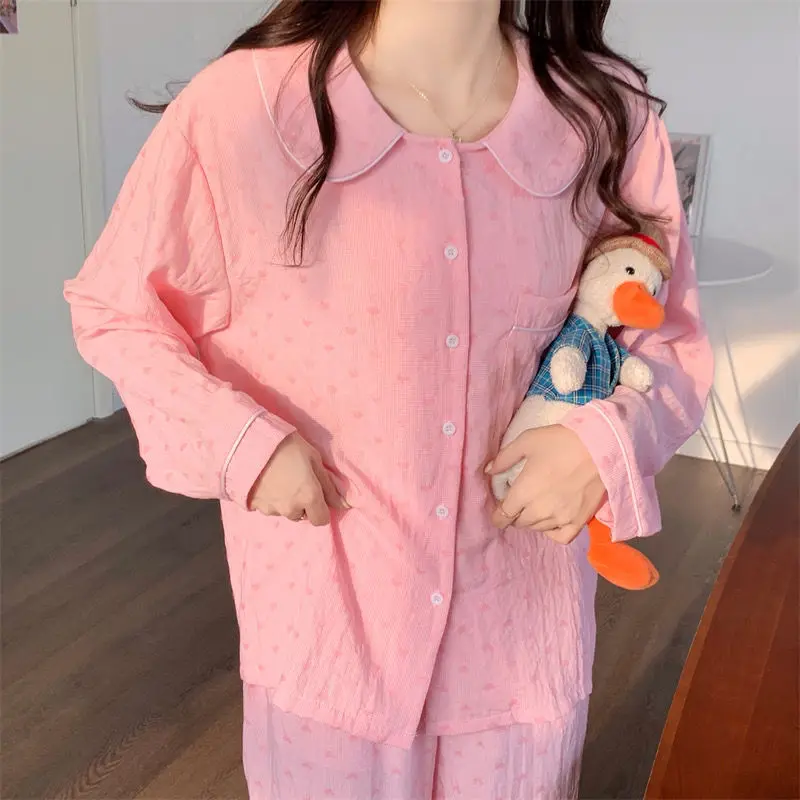 QWEEK Cotton Pajamas for Women Korean Heart Print Pijamas Autumn Sleepwear Kawaii Doll Collar Pyjama Female 2 Piece Set Homewear