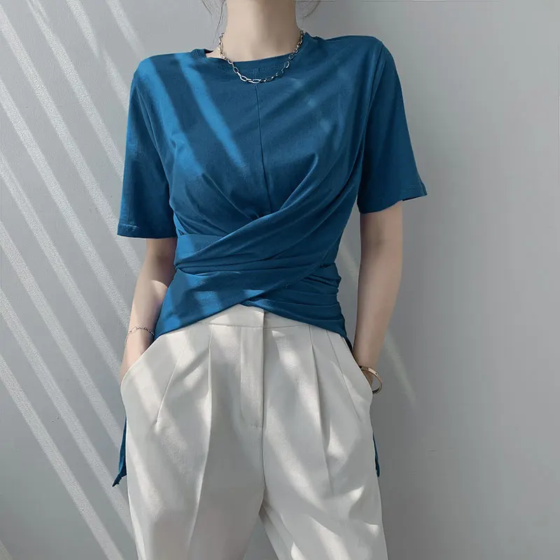

Women Solid Color Short Sleeve Loose Summer T-shirts High Street Fashion Asymmetrical Cross Ladies Elegant Tees Wrap Waist Tops