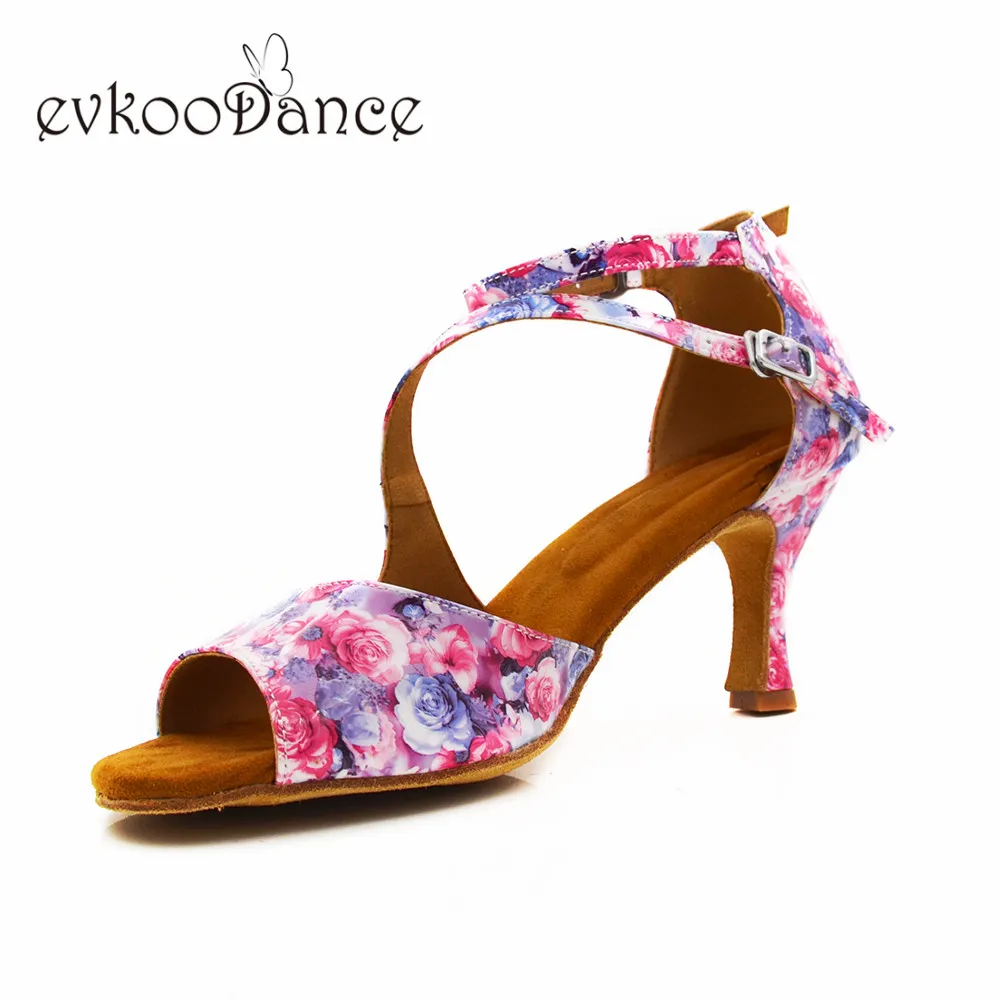 

Satin Latin Dance Shoes Flower PU Size US 4-12 Heel Professional Height 7cm Zapatos De Baile For Women NL332