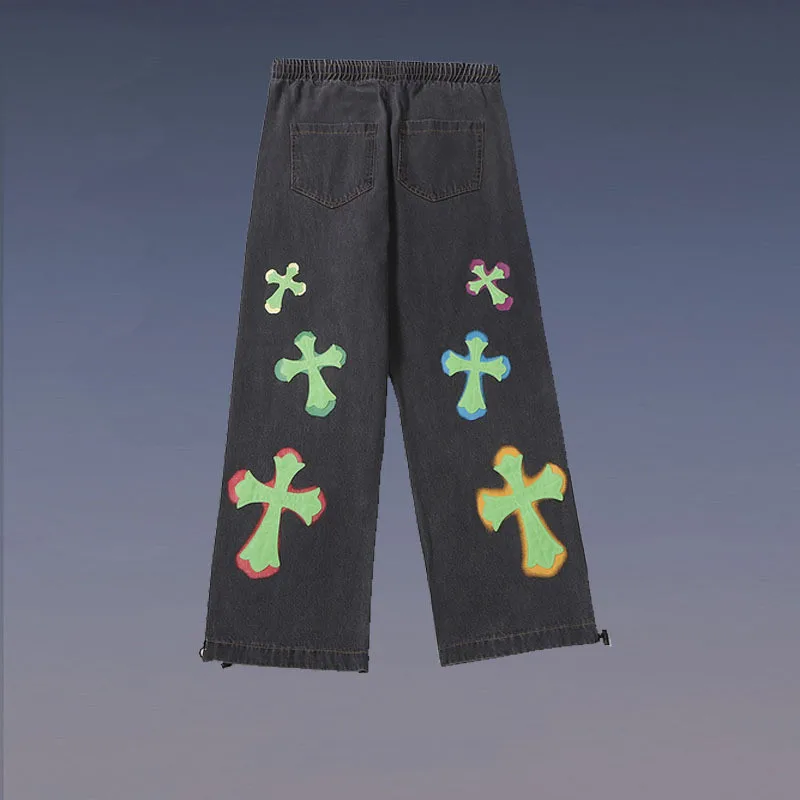 

2021 new retro high street cross graffiti print jeans for men and women bf wind straight loose wide-leg couple trousers jeans