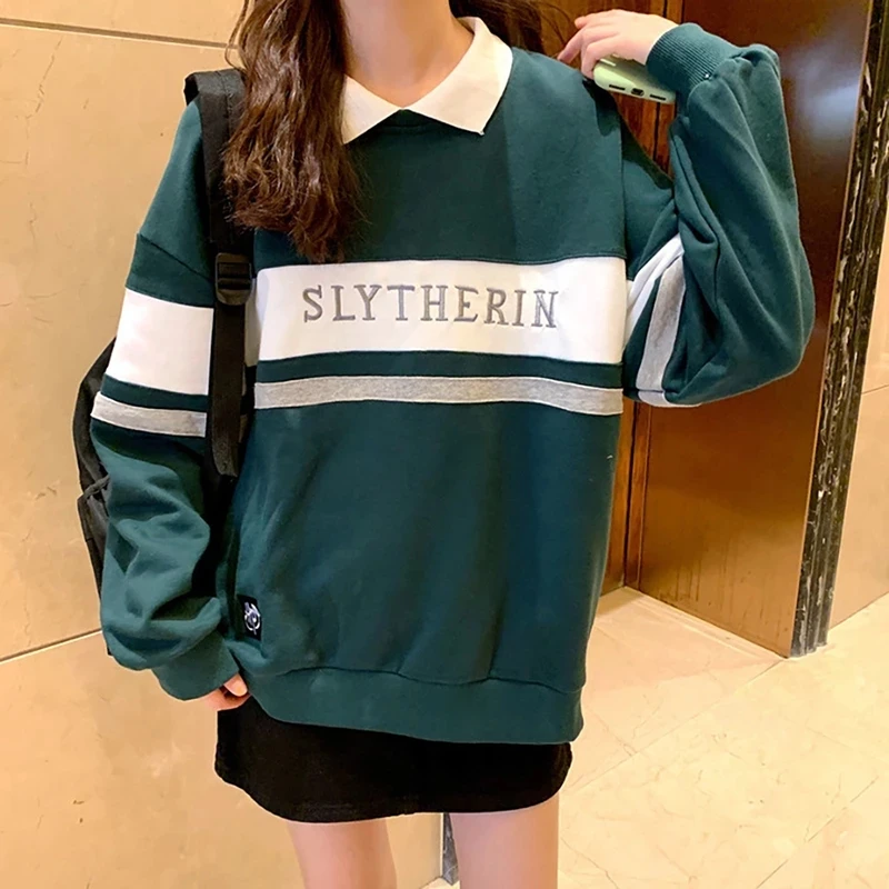 Hoodies Oversized Polo Collar Stitching Sweatshirt Women Contrast Color Fake Two-piece Coat Letter Print Pullover Female Tops | Женская