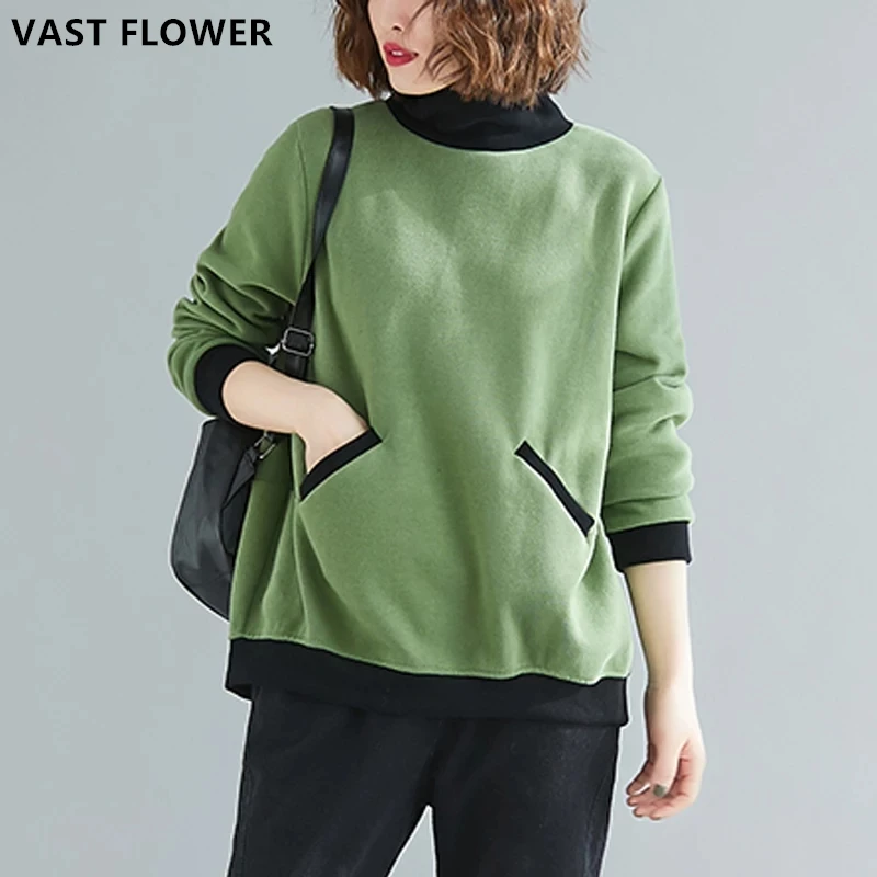 

Plus Size Vintage Hoodies Sweatshirts Women Cotton Pullover Turtleneck Pocket Solid Color 2021 Spring Casual Loose Tops Clothes