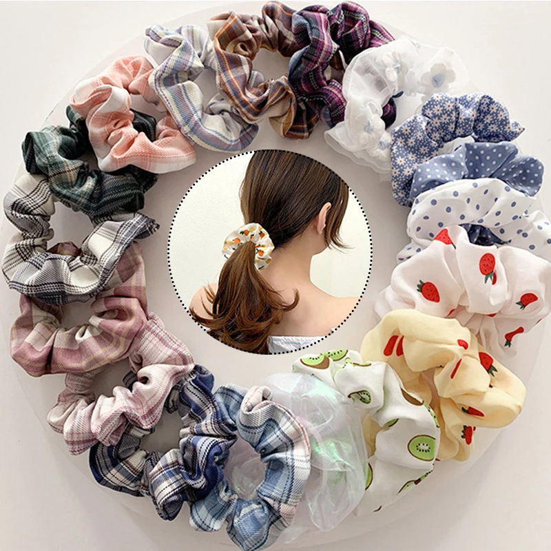 

10PCS/Set Korean Women Floral Hair Scrunchies Set Plaid Striped Dot Elastic Hair Bands Simple Rubber Bands Ponytail Holders