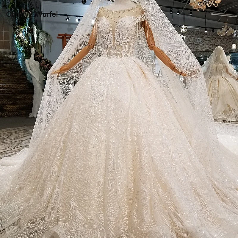 LS645411 2018 new design wedding gowns o neck short sleeves tulle keyhole back puffy customized dress with long veil|Свадебные платья|