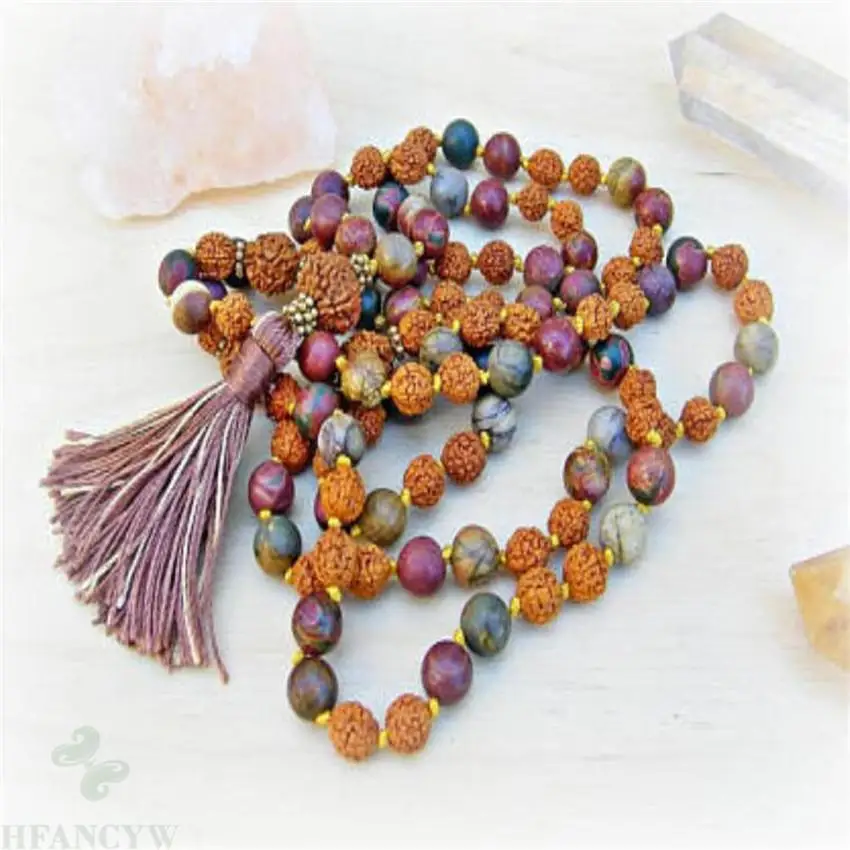 

8 мм Lepidolite Rudraksha Mala ожерелье 108 Beadsband многоцветные браслеты для йоги чакр буддизм драгоценный камень манжеты натуральный