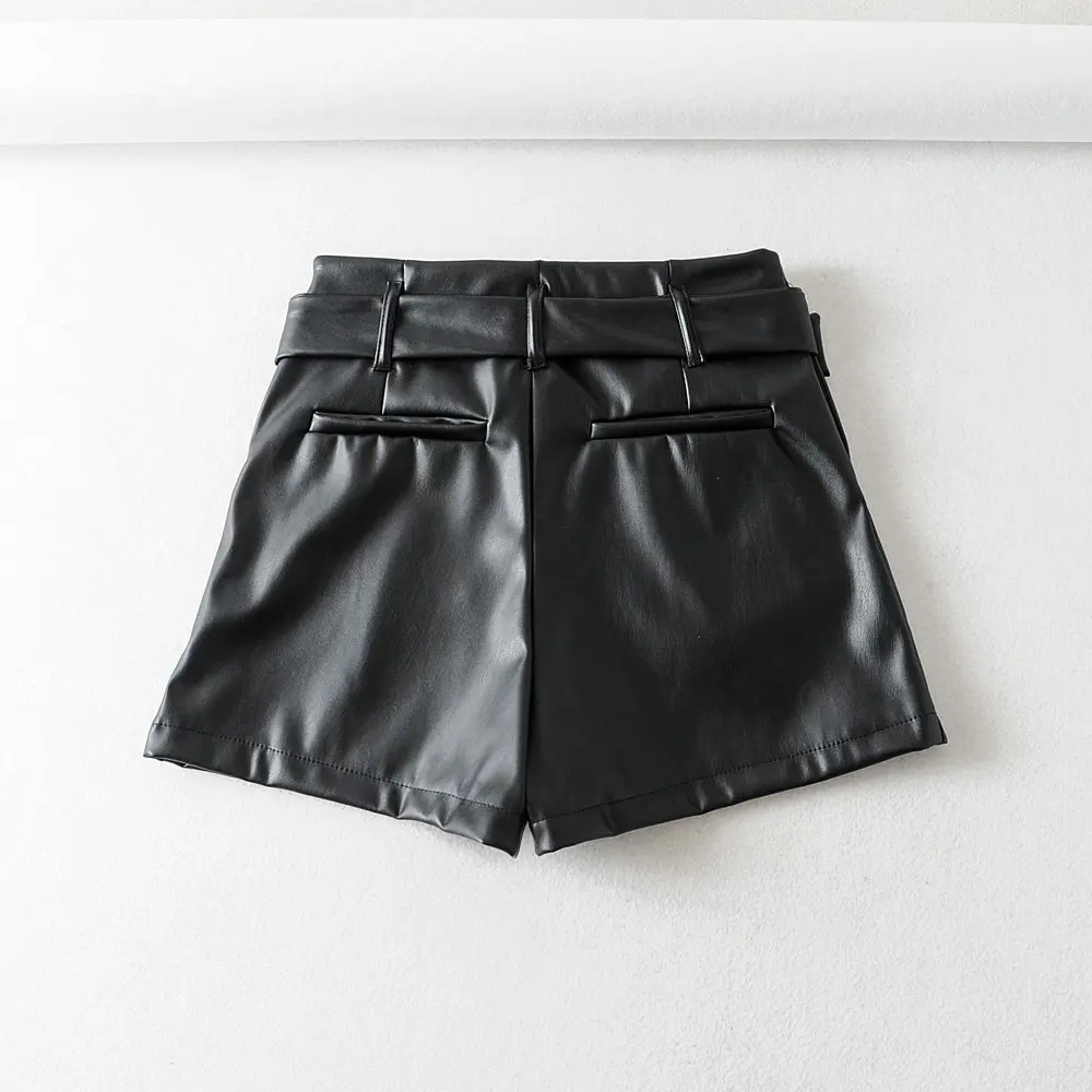 Женские кожаные шорты с высокой талией повседневные черные из искусственной
