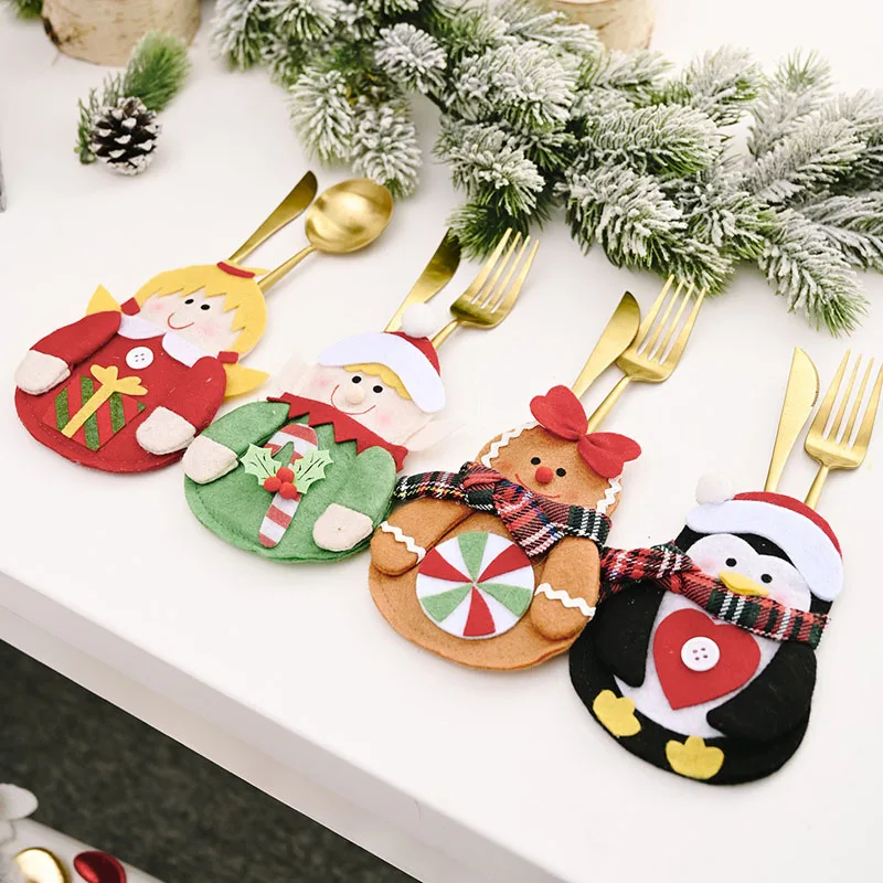 

Christmas Cutlery Cover Bag Kawaii Santa Claus Snowman Elk Bear Shaped Knife Fork Bags Xams Party Decor Kitchen Tableware Tools