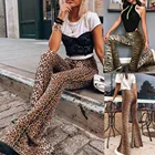 Для женщин брюки-клеш с леопардовым принтом Высокая Талия ed Slim Fit Повседневное Высокая талия эластичные широкие базовые ноги длинные брюки Cala Feminina # T3G