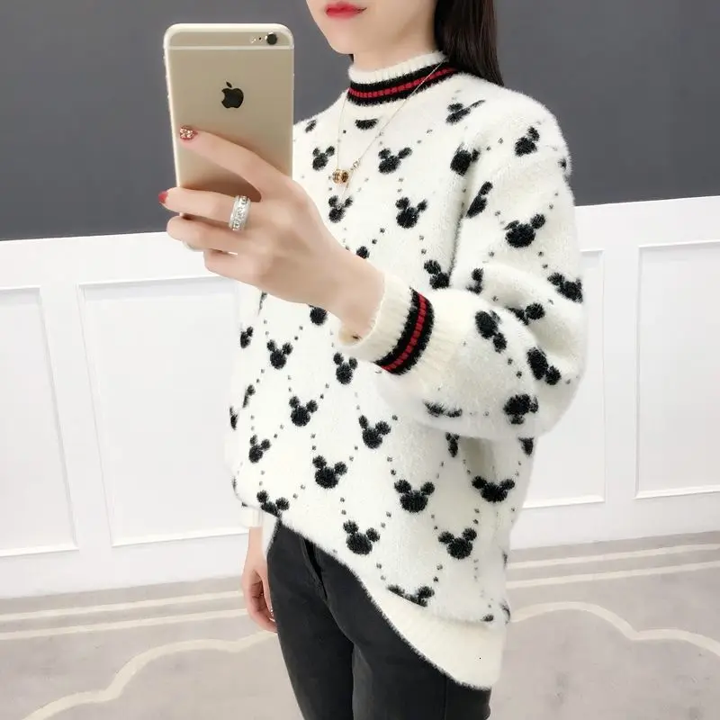 Женские Длинные Пуловеры и свитера с рисунком Микки Мауса 2019 джемпер оверсайз