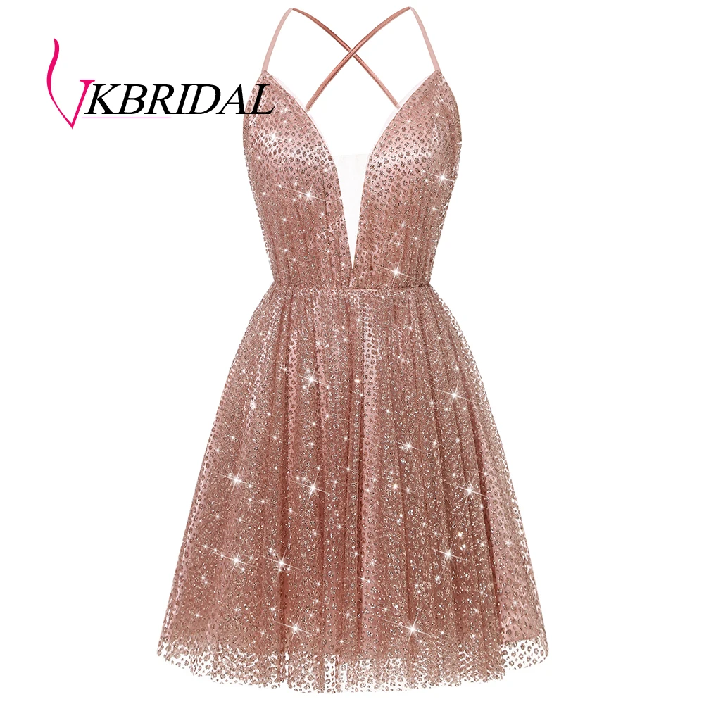 VKbridal крест сзади трапециевидные тюлевые платья для выпускного вечера блестящие коктейльные платья короткие для юных выпускных платьев