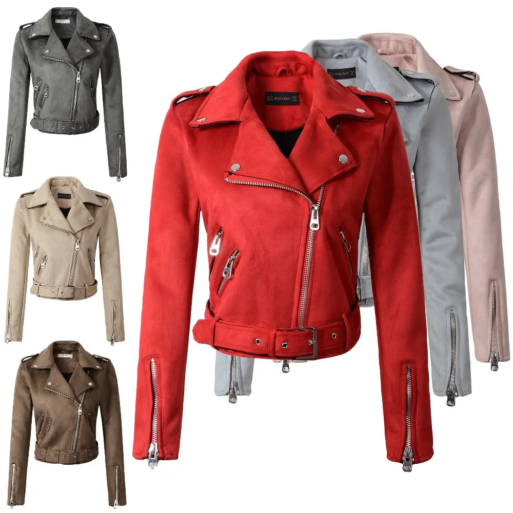 Nice New Autumn Winter Women Motorcycle Faux PU Leather Red Pink Jackets Lady Biker Outerwear Coat with Belt Hot Sale 7 Color