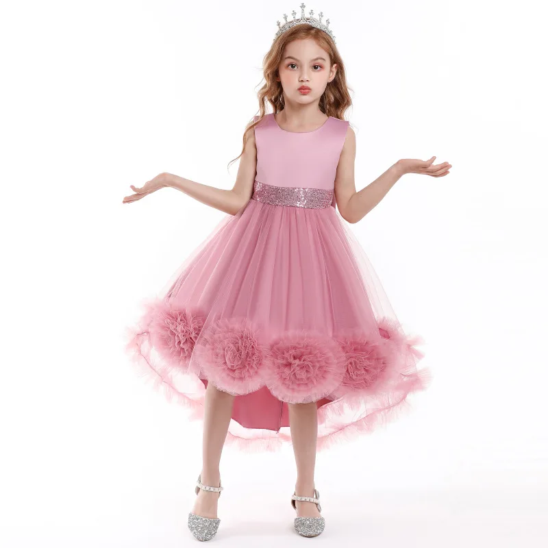 

Kid Girl Sleeveless O-neck A-link Piano Performance Host Costumes Birthday Party Evening Tailing Princess Dress Puffy Veil Skirt