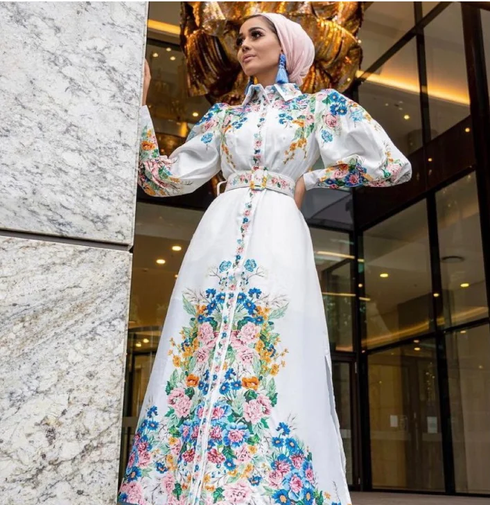

2021 New Arab Women's Digital Printing Mid Waist Dress Muslim Fashion Puff Sleeve Lapel Robe Girls' Autumn