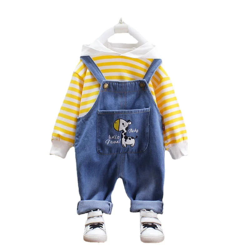 

2021 Spring Autumn Infant Clothes Suits Baby Girls Boys Clothing Sets Stripe Hoodies Denim Overalls 2Pcs Kid Children Costume