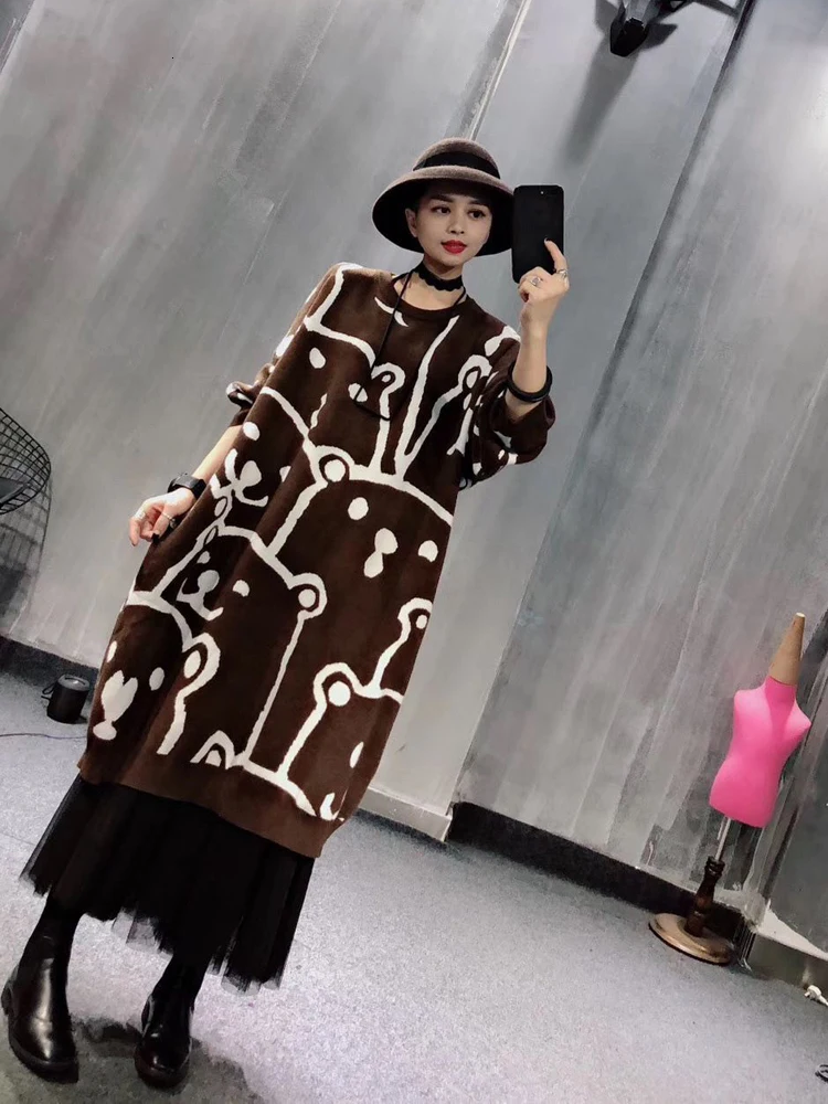 QING MO Autumn Rose Red Coffee Women Pullovers Sweater Dress 2020 Winter Warm Long Female Cartoon ZQY2158 | Женская одежда