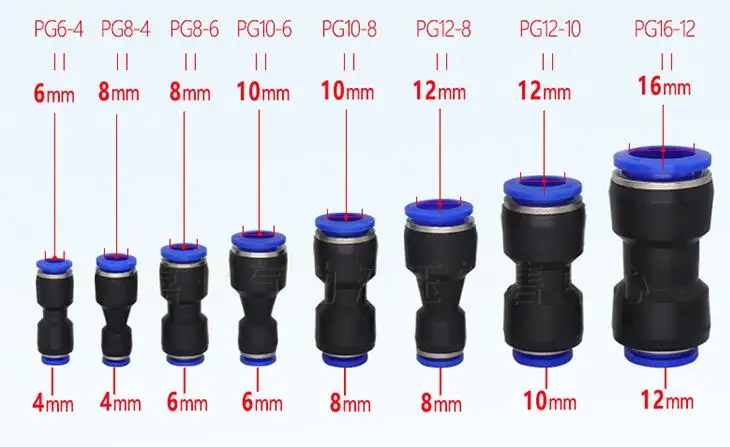 

PG 1pcs 6-4mm 8-4mm 8-6mm 10-6mm 10-8mm 12-8mm 12-10mm 16-12mm Straight Union Reducer Fitting Pneumatic Push to Connect Air