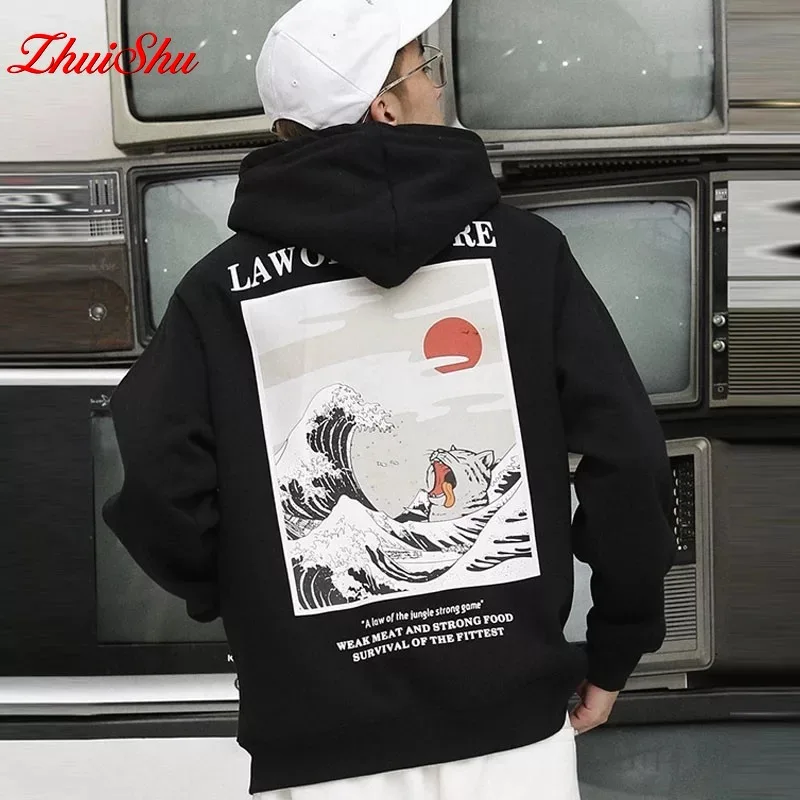 

Japanese Fashion Embroidery Funny Cat Wave Printed Fleece Hoodies Winter Japan Style Hip Hop Casual Sweatshirts Streetwear