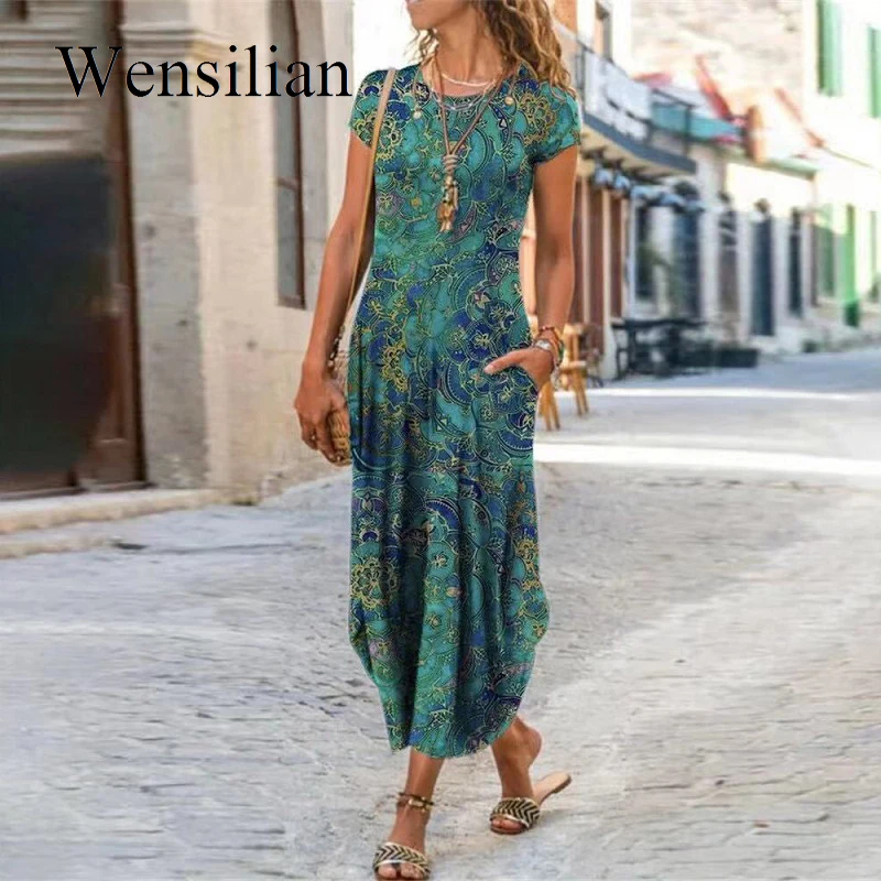 

Vintage Long Dresses for Women 2021 Floral Print Short Sleeve Summer Maxi Dress Sundress Pocket Beach Boho Dress Vestidos
