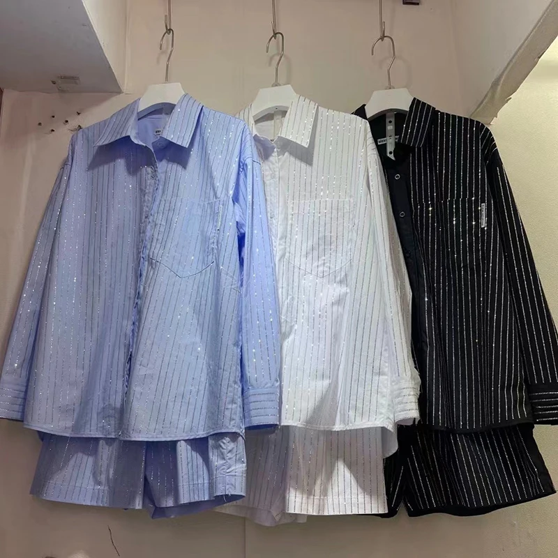 

TWOTWINSTYLE Striped Loose Two Piece Set For Women Lapel Long Sleeve Shirt High Waist Shorts Loose Sets Female Fashion New Tide