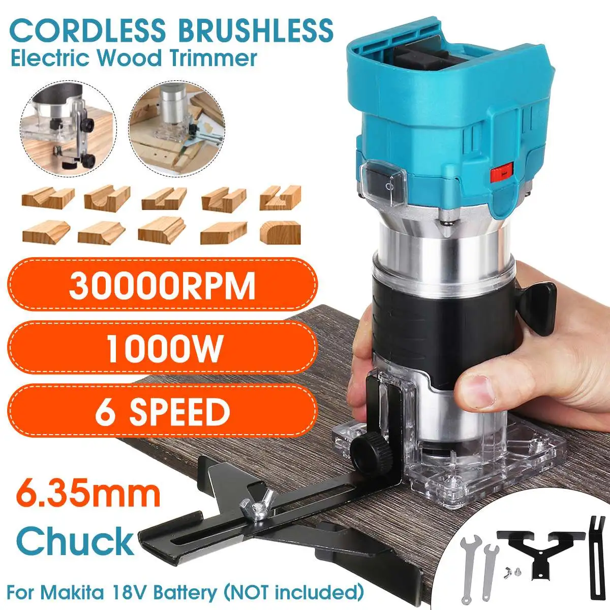 

6 Speeds Brushless Cordless Electric Trimmer Hand Engraving Slotting Carving Trimming Machine Wood Router for Makita 18V Battery