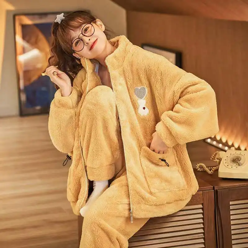 Flannel Winter Pajamas Set Women 2 Pieces/Sets Coral Fleece Thick Warm Long-Sleeved Trousers Pyjamas Casual Homewear Night