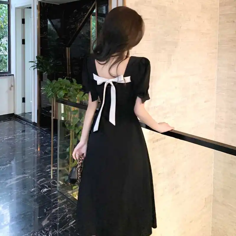 

Маленькое Черное женское летнее платье в стиле ретро, Новое привлекательное облегающее платье с открытой спиной, бантом и коротким рукавом,...