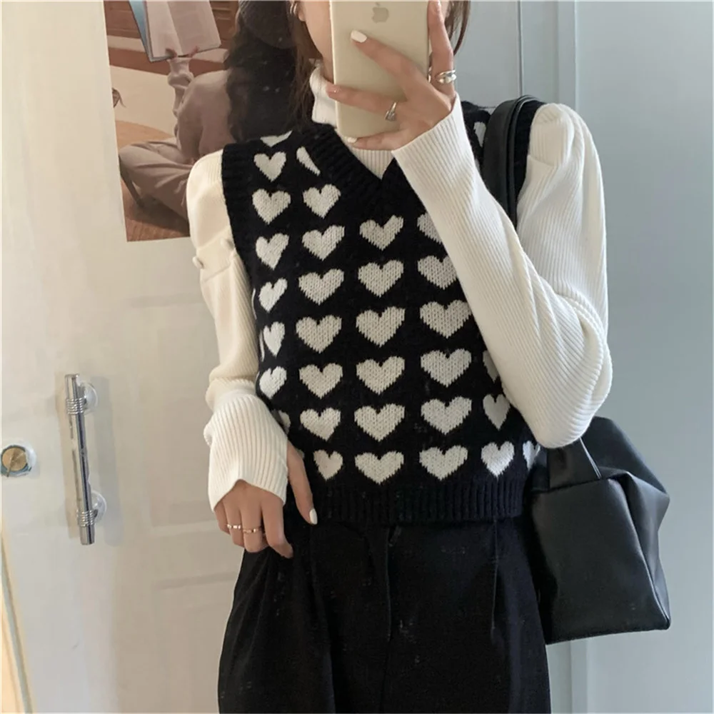 

3 Colors Autumn Women Casual V-Neck Knitted Sweater Vest Fashion Sweet Heart Pattern Slim Fit Sleeveless Jumpers Knitwear Top