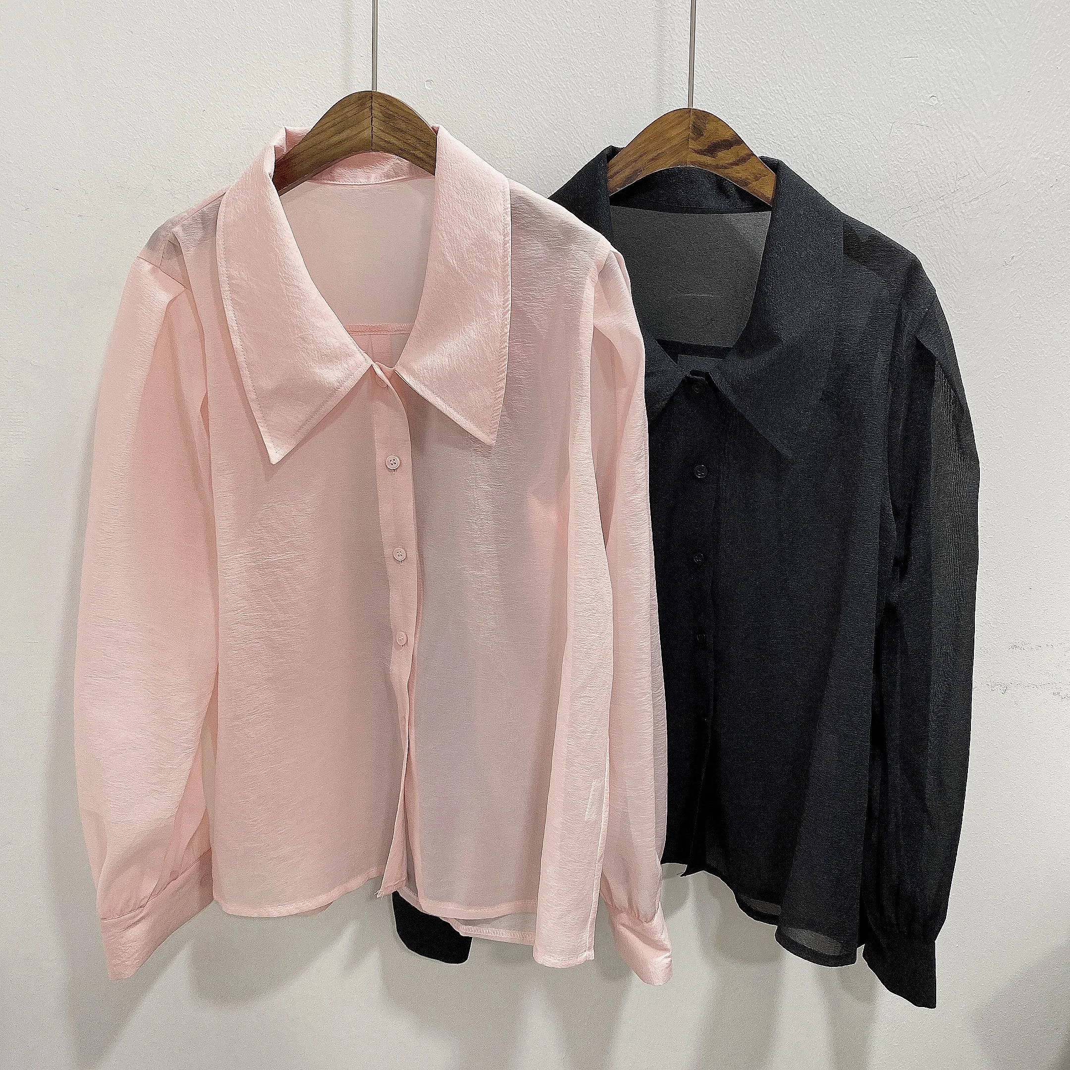 

ZCSMLL Lapel Single-breasted Loose Top Micro-transparent Black Blouise Puff Sleeve Sunscreen Shirt Women 2021 Spring Summer