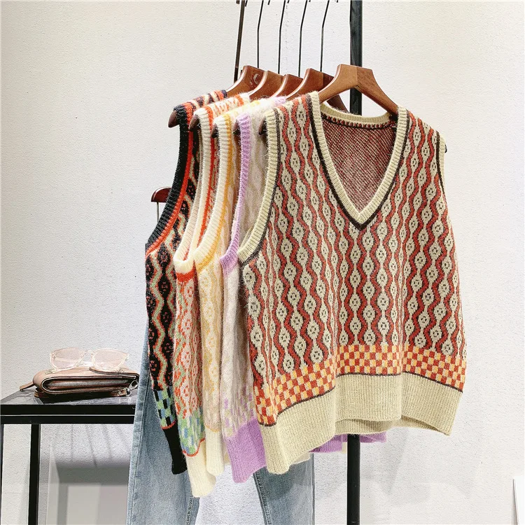 

Осенний Женский Повседневный жилет с геометрическим рисунком, свитер без рукавов с V-образным вырезом, жилет