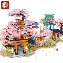 SEMBO Sakura Blocks ideas City Cherry Blossom Japanese Sakura Tree House Mini Street View Model Building Blocks Children Toys