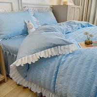 korean seersucker bedclothes queen king size blue color duvet cover with ruffle double bed sheet set with pillowcase bedding