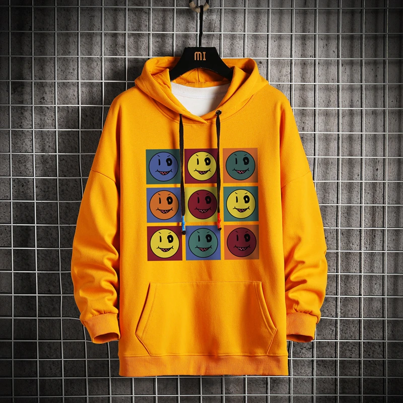 

KKSKY Smiley Men Hooded Hoodie Sweatshirts Winter Print Cartoon Black Hoodies Pullover Man Hip Hop 2020 Loose Casual Hoody Male