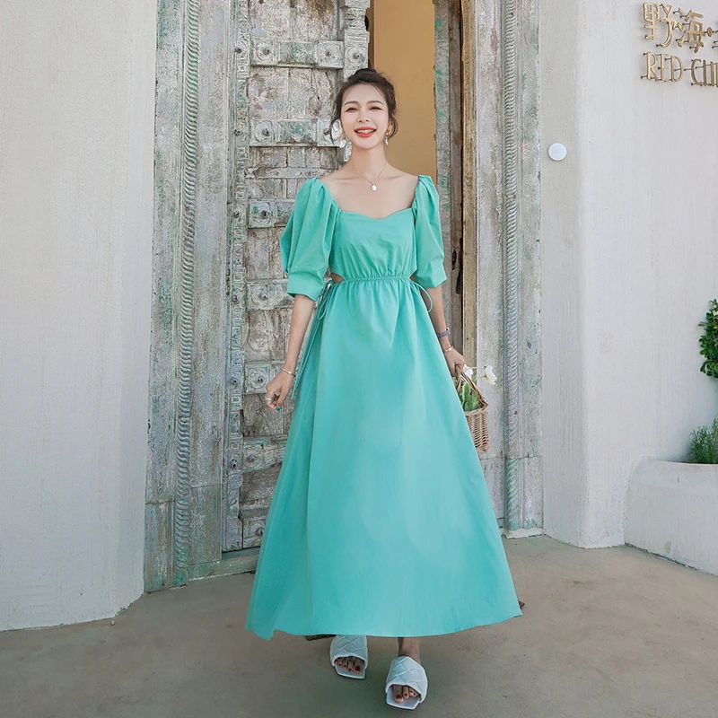 

Women's Puff Sleeve Dress 2021 New Summer V-neck Short Sleeve Loose Waist Temperament Palace Style High Quality Long Skirt BD5