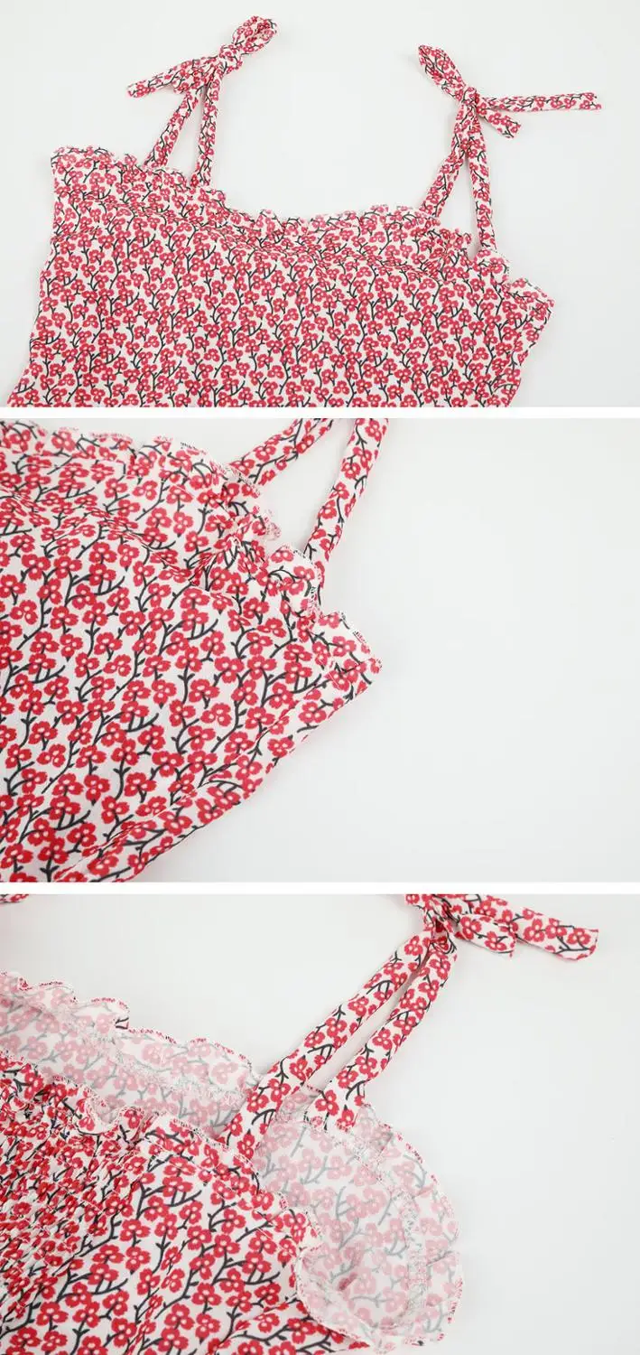

2020 Summer New Sexy Strap Floral Print Sleeveless Dress Women Casual Slim Lace Up Bow Ruffles A-Line Pink Floret Print Dress