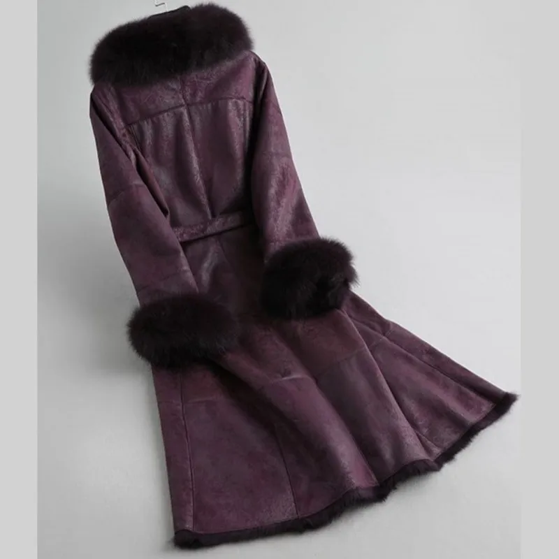 

Retro Real Brand Fur Long Coat Female Elegant Rabbit Fur Inner Fox Fur Collar Belt Slim Overcoat Winter Office Outwear Plus Size