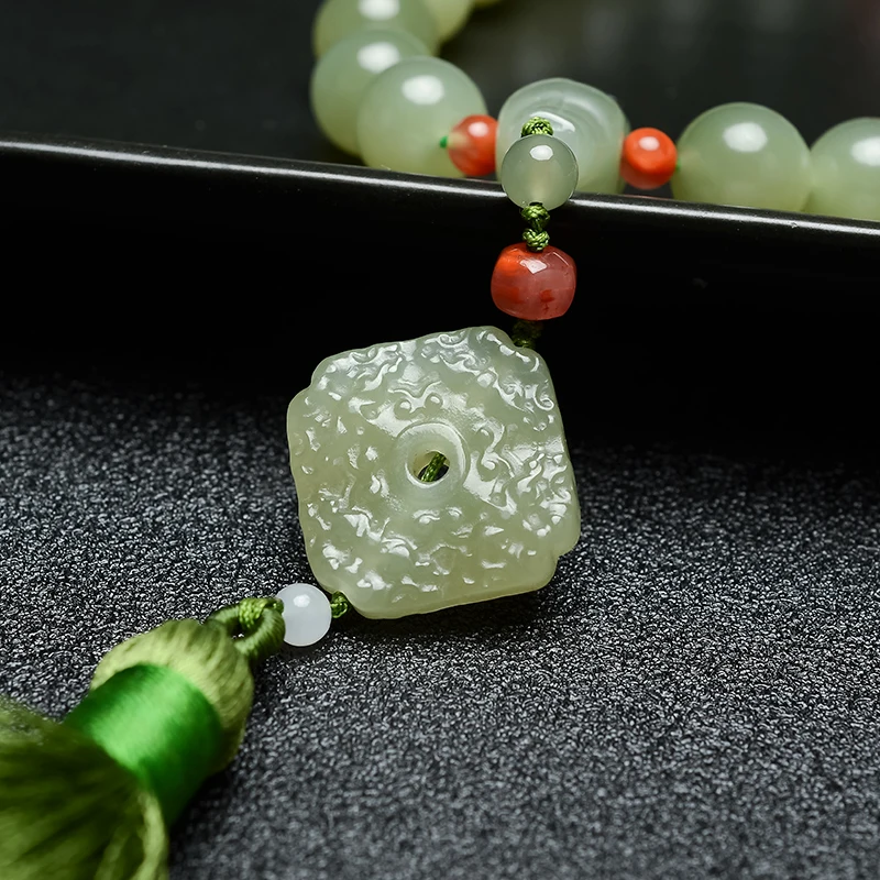 Natural hetian green jade bracelet unique jadite bangle rosary with tassel men women prayer jewelry christmas | Украшения и