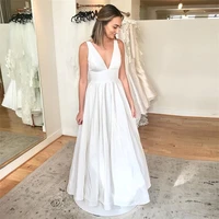 sexy v neck wedding dresses sleeveless new beach wedding gowns backless with bowknot satin bridal dress vestidos de novia 2022