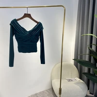 ladies elegant green black tops 2022 spring autumn new arrival draped cross off the shoulder long sleeve stretched clothes