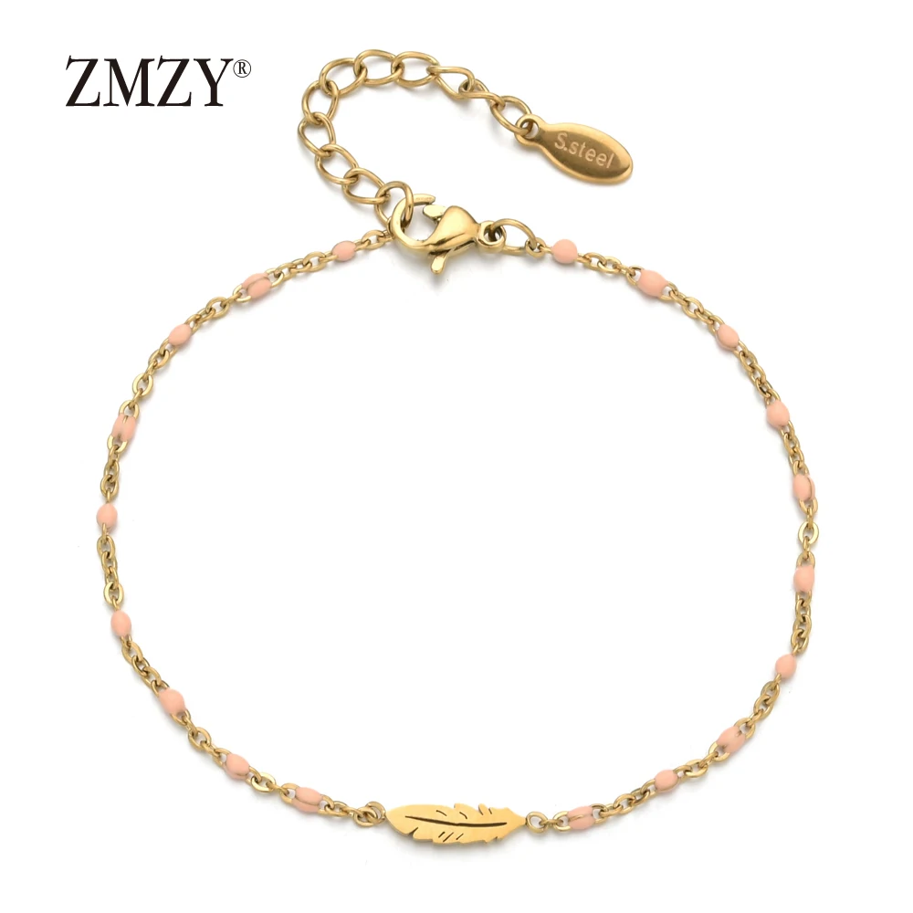 pink ZMZY минимализм Bijoux Тонкий готический винтажный браслет с перьями для женщин очаровательный из нержавеющей стали цепочка ювелирные изделия подарок для девочек mujer pulseras - Окраска металла: pink