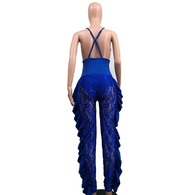 

Adogirl Royal Blue Women deep v neck jumpsuit sexy backless off shoulder rompers ruffles side lace patchwork club party outfits