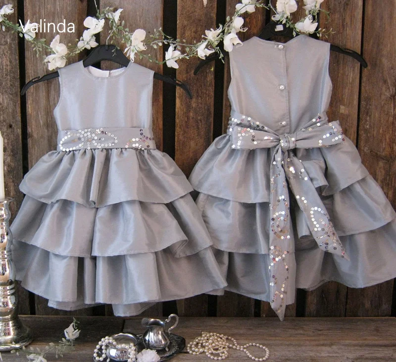 

Sleeveless Grey Girl Dresses with Treble Tiered Skirt