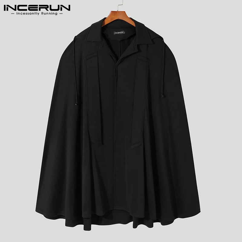 

2021 Fashion Men Cloak Coats Hooded Solid Color Long Ponchos Single Breasted Streetwear Loose Autumn Cape Trench Men 5XL INCERUN