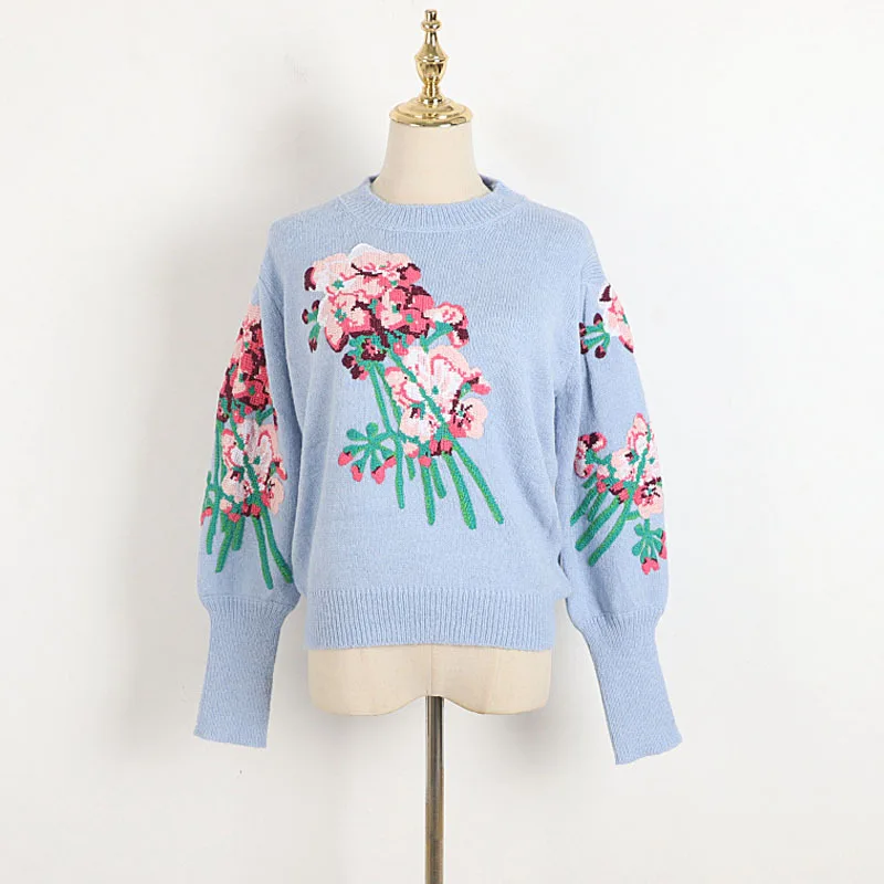 

Round Neck Thick Sweater Women's 2021 Autumn Winter New Vintage Cross Stitch Embroidery Flower Loose Lantern Sleeve Sweater